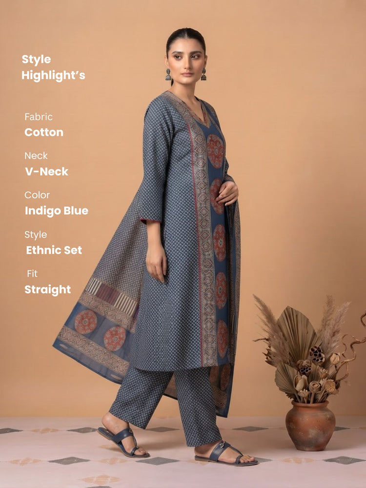 Indigo Blue Cotton Printed Kurta Pant & Dupatta Ethnic Set
