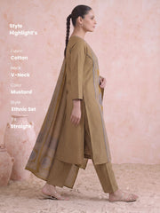 Mustard Cotton Printed Kurta Pant & Dupatta Ethnic Set