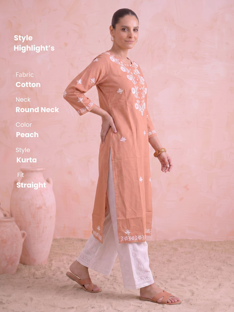Peach Chikankari Straight Women's Kurta