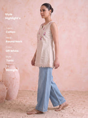 Off White Cotton Flax Embroidered Sleeveless Tunic