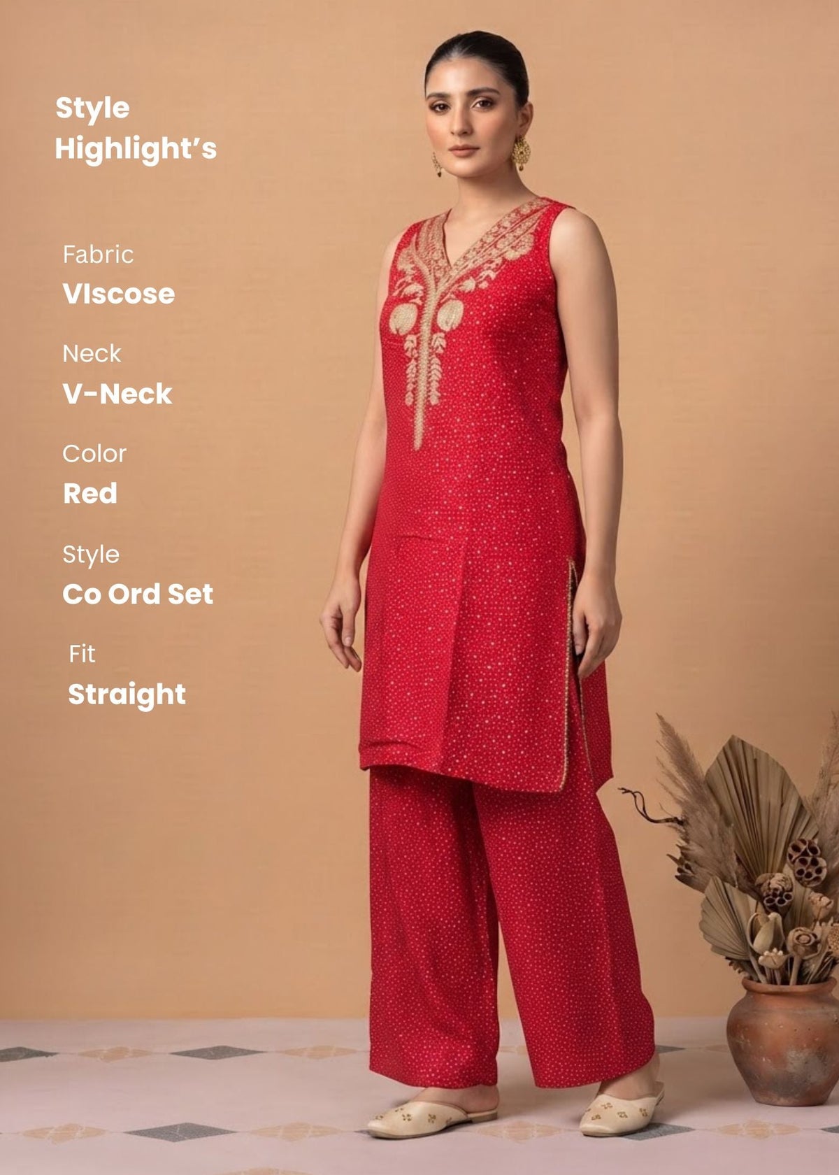 Red Viscose Embroidered Straight Kurta Palazzo Co Ord Set