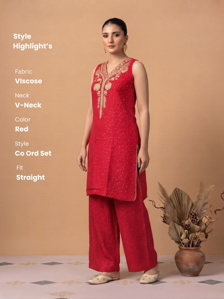 Red Viscose Embroidered Straight Kurta Palazzo Co Ord Set