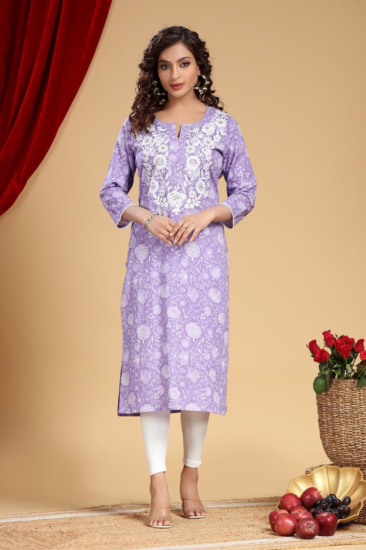 Light Purple Cotton Straight Embroidered Kurta