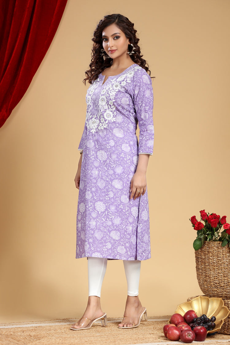 Light Purple Cotton Straight Embroidered Kurta