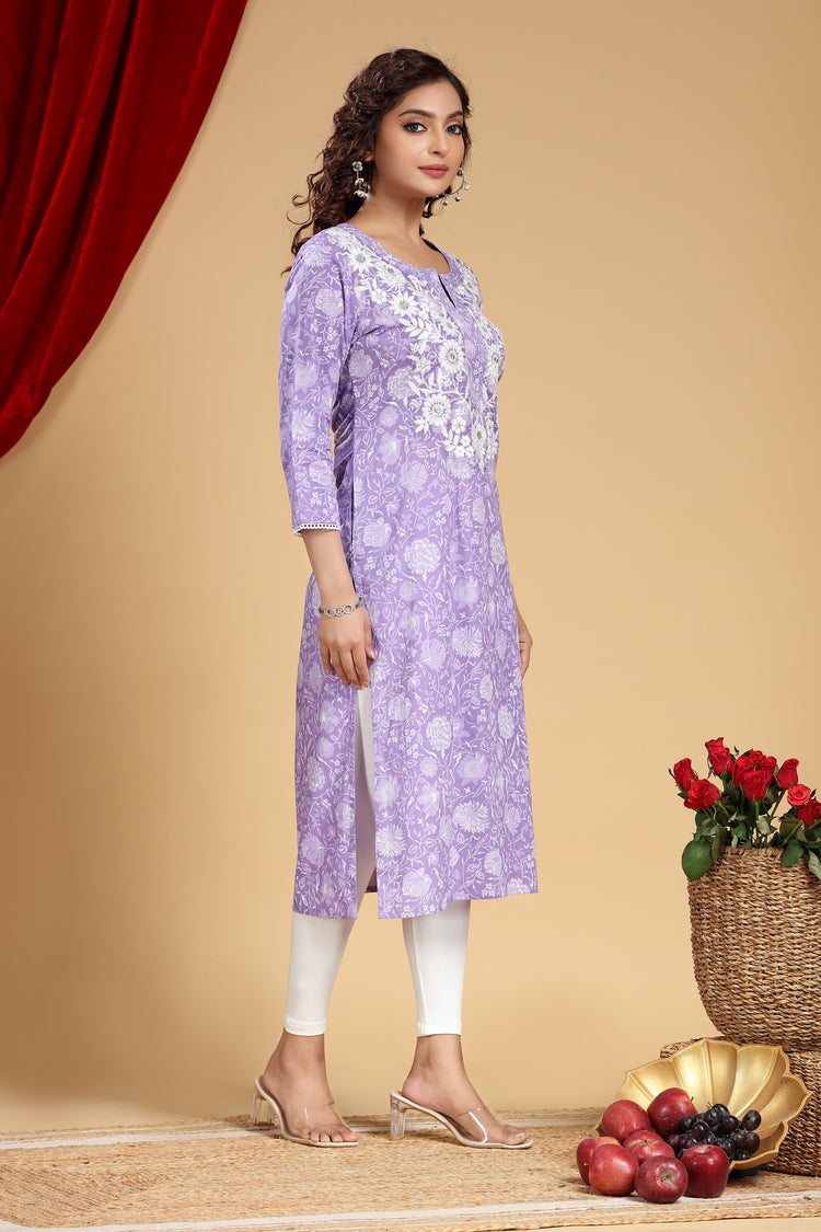 Light Purple Cotton Straight Embroidered Kurta