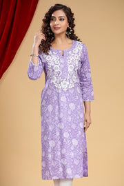 Light Purple Cotton Straight Embroidered Kurta