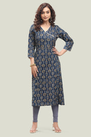 Navy Blue Jaipuri Cotton Straight Printed Kurta