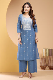 Light Blue Handloom Cotton Straight Embroidered Kurta Pant Co ord Set