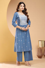 Light Blue Handloom Cotton Straight Embroidered Kurta Pant Co ord Set
