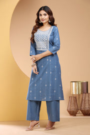 Light Blue Handloom Cotton Straight Embroidered Kurta Pant Co ord Set