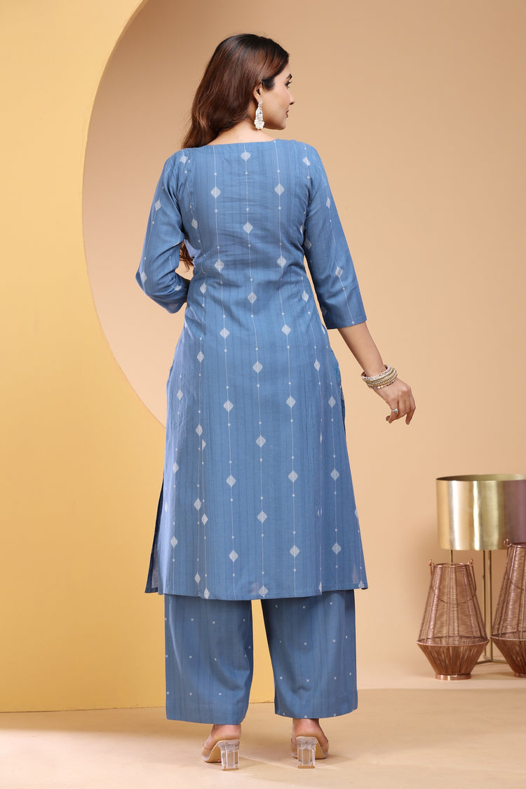 Light Blue Handloom Cotton Straight Embroidered Kurta Pant Co ord Set