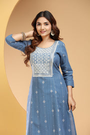 Light Blue Handloom Cotton Straight Embroidered Kurta Pant Co ord Set