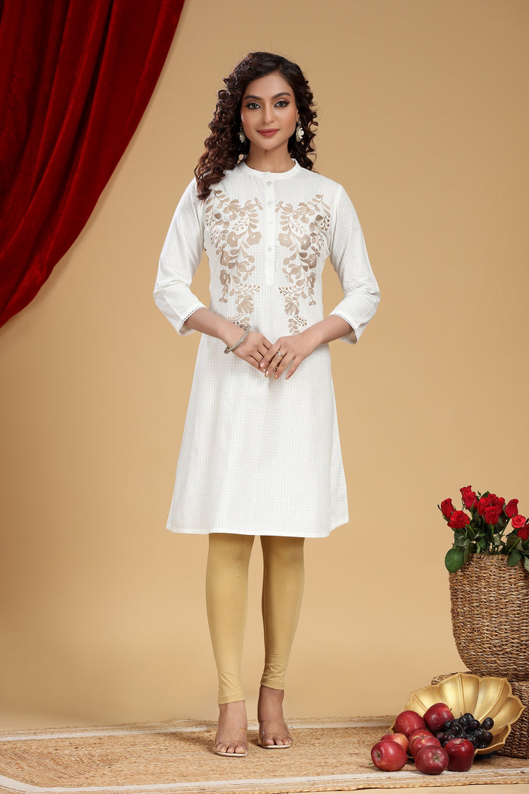 Off White Cotton A Line Embroidered Kurta