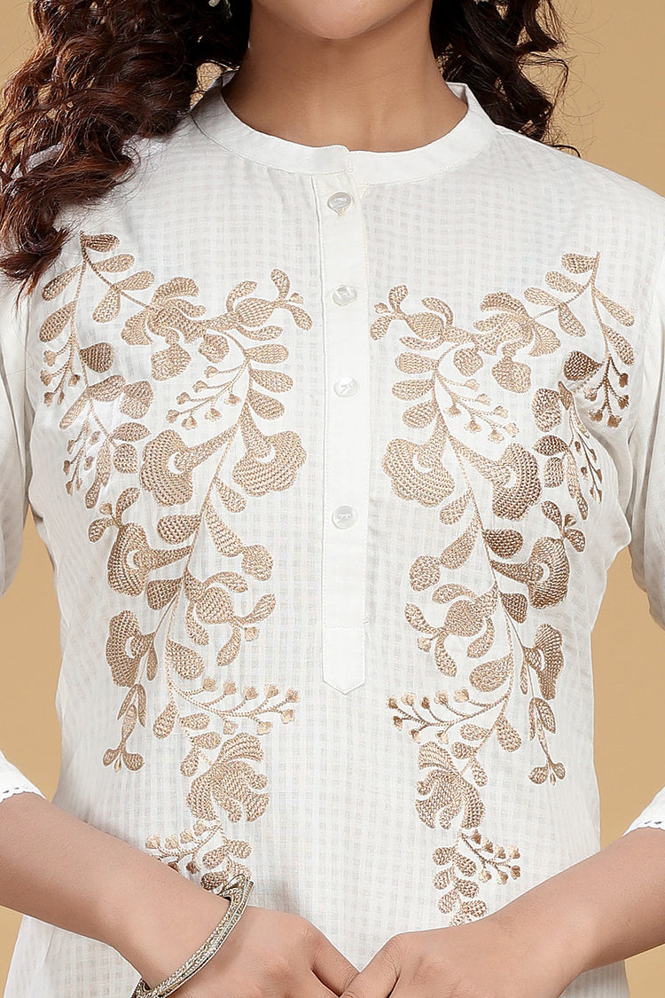 Off White Cotton A Line Embroidered Kurta