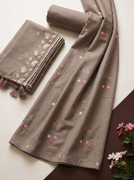 Taupe Mulmul Cotton Dress Material with Floral Embroidered Details