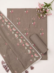Taupe Mulmul Cotton Dress Material with Floral Embroidered Details