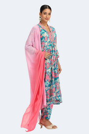 Teal Chinnon Embroidered A Line Kurta Pant and Dupatta Suit Set