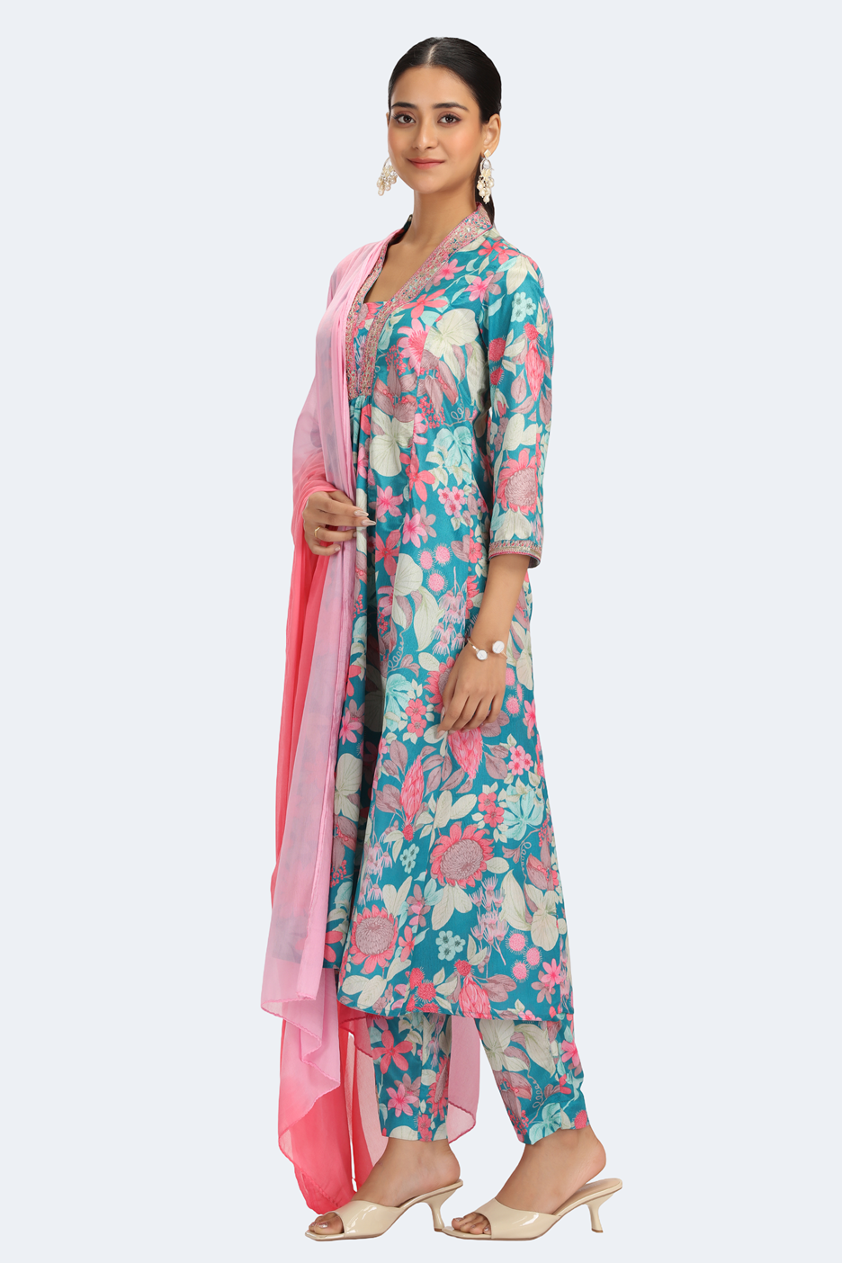 Teal Chinnon Embroidered A Line Kurta Pant and Dupatta Suit Set