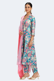 Teal Chinnon Embroidered A Line Kurta Pant and Dupatta Suit Set