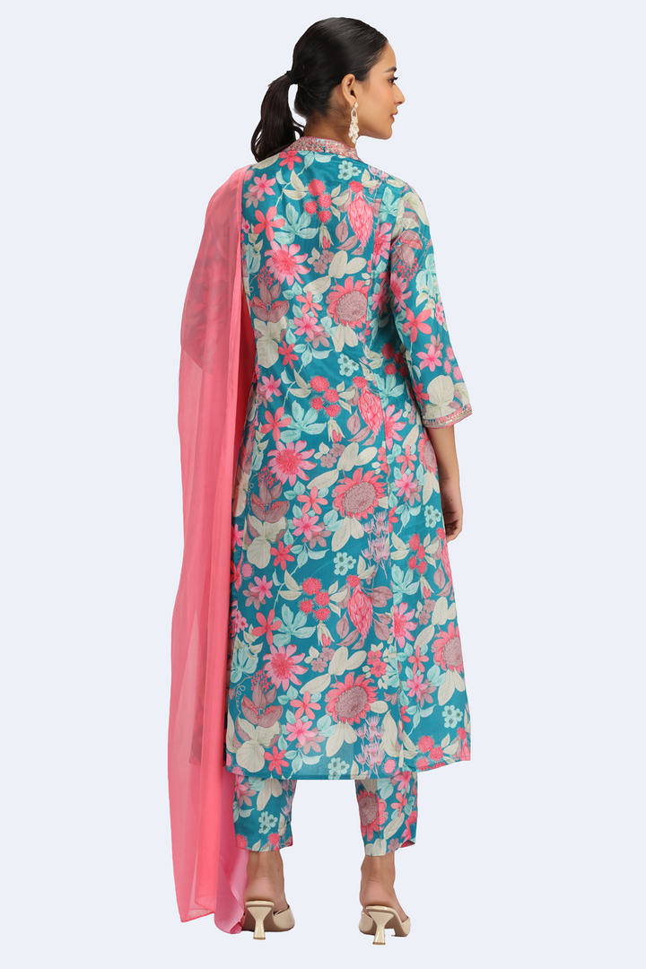Teal Chinnon Embroidered A Line Kurta Pant and Dupatta Suit Set
