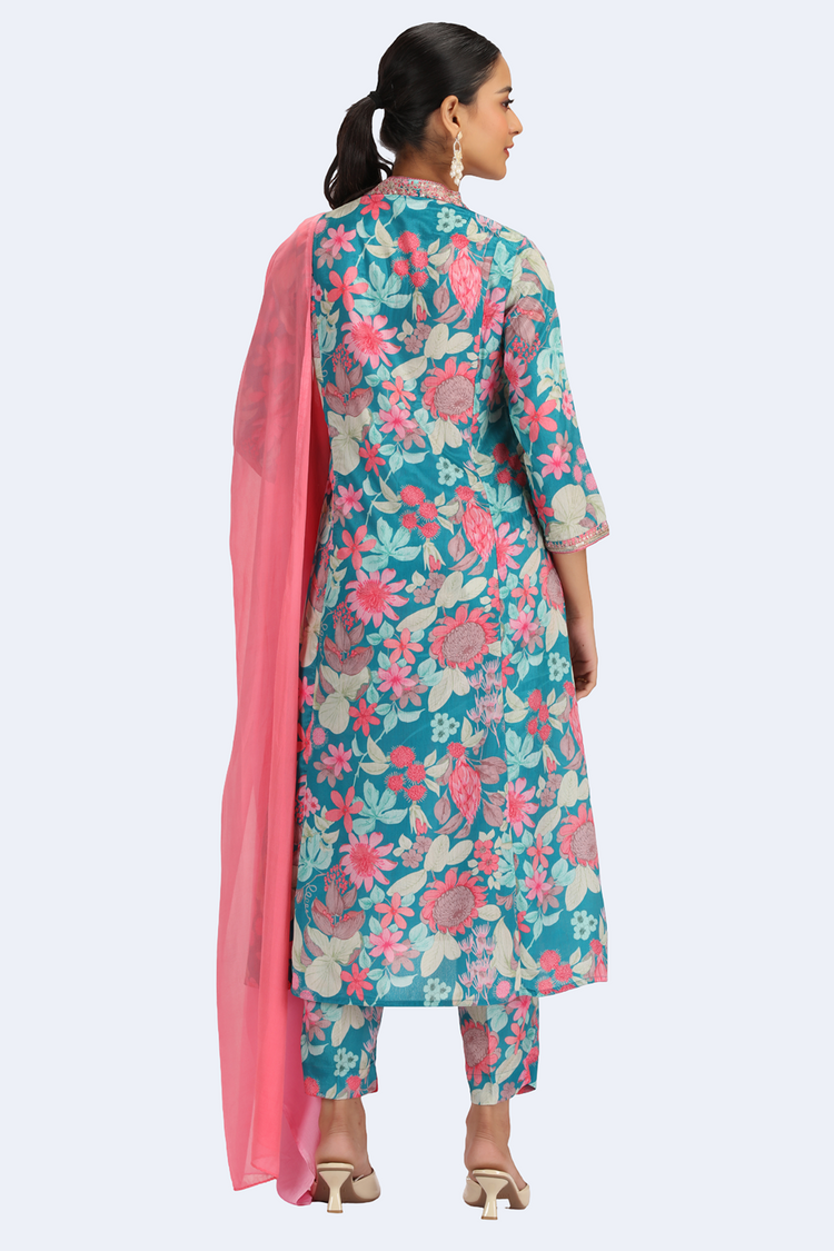 Teal Chinnon Embroidered A Line Kurta Pant and Dupatta Suit Set