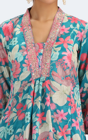 Teal Chinnon Embroidered A Line Kurta Pant and Dupatta Suit Set