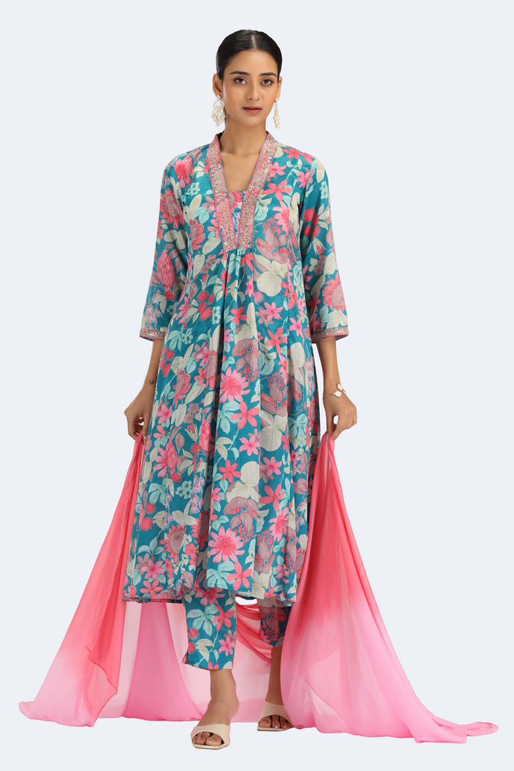 Teal Chinnon Embroidered A Line Kurta Pant and Dupatta Suit Set