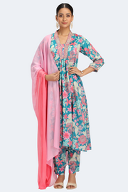 Teal Chinnon Embroidered A Line Kurta Pant and Dupatta Suit Set