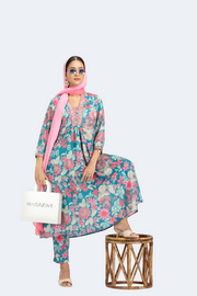 Teal Chinnon Embroidered A Line Kurta Pant and Dupatta Suit Set