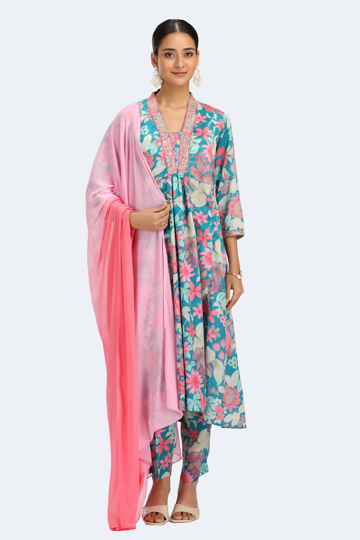 Teal Chinnon Embroidered A Line Kurta Pant and Dupatta Suit Set
