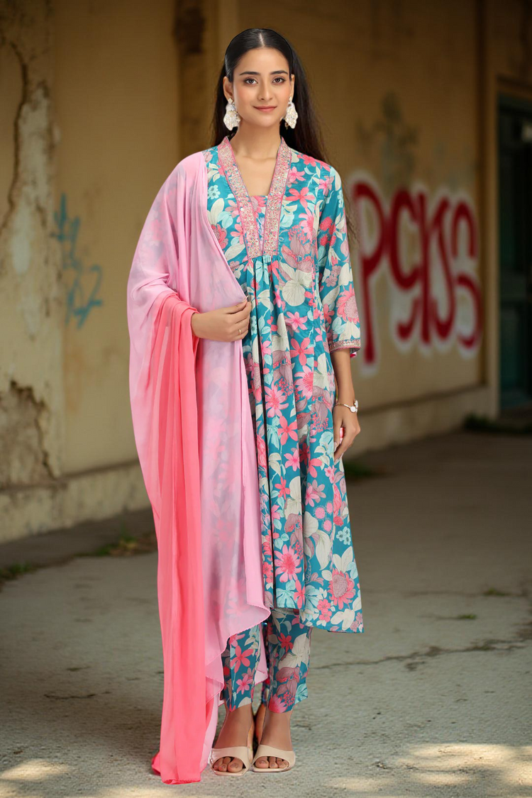 Teal Chinnon Embroidered A Line Kurta Pant and Dupatta Suit Set