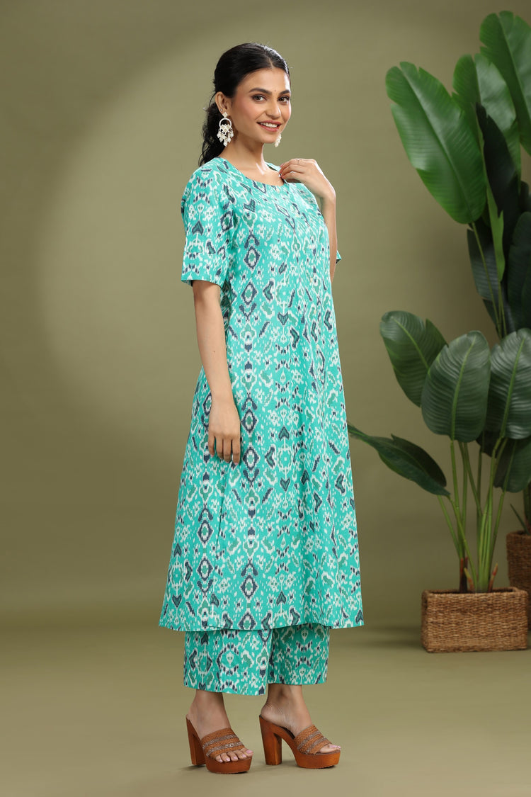 Teal Cotton Flex Printed Straight Kurta Pant Co ord Set