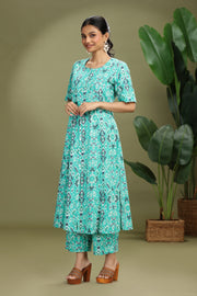 Teal Cotton Flex Printed Straight Kurta Pant Co ord Set