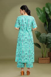 Teal Cotton Flex Printed Straight Kurta Pant Co ord Set