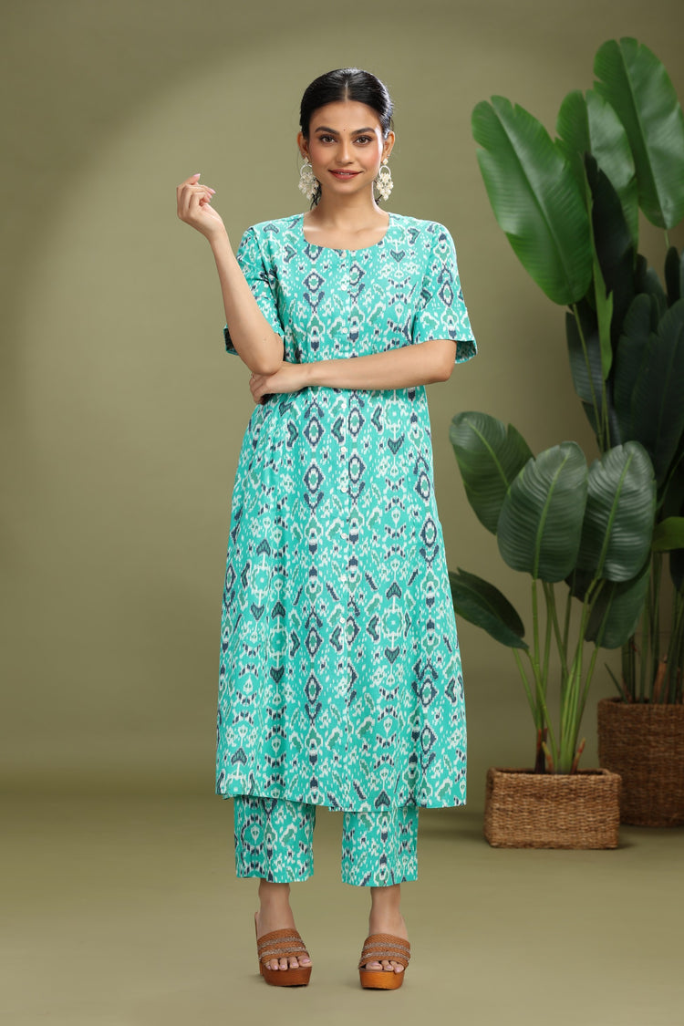 Teal Cotton Flex Printed Straight Kurta Pant Co ord Set