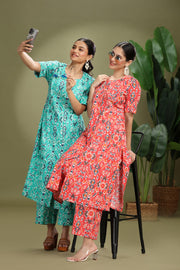 Teal Cotton Flex Printed Straight Kurta Pant Co ord Set