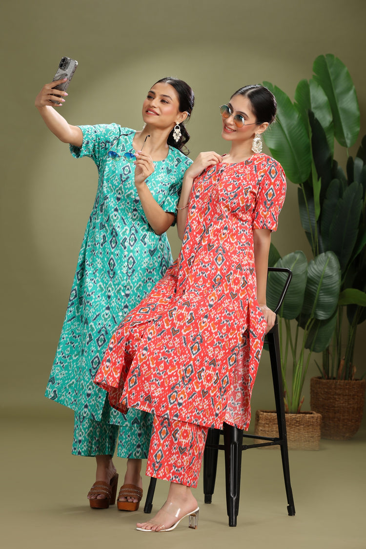 Teal Cotton Flex Printed Straight Kurta Pant Co ord Set