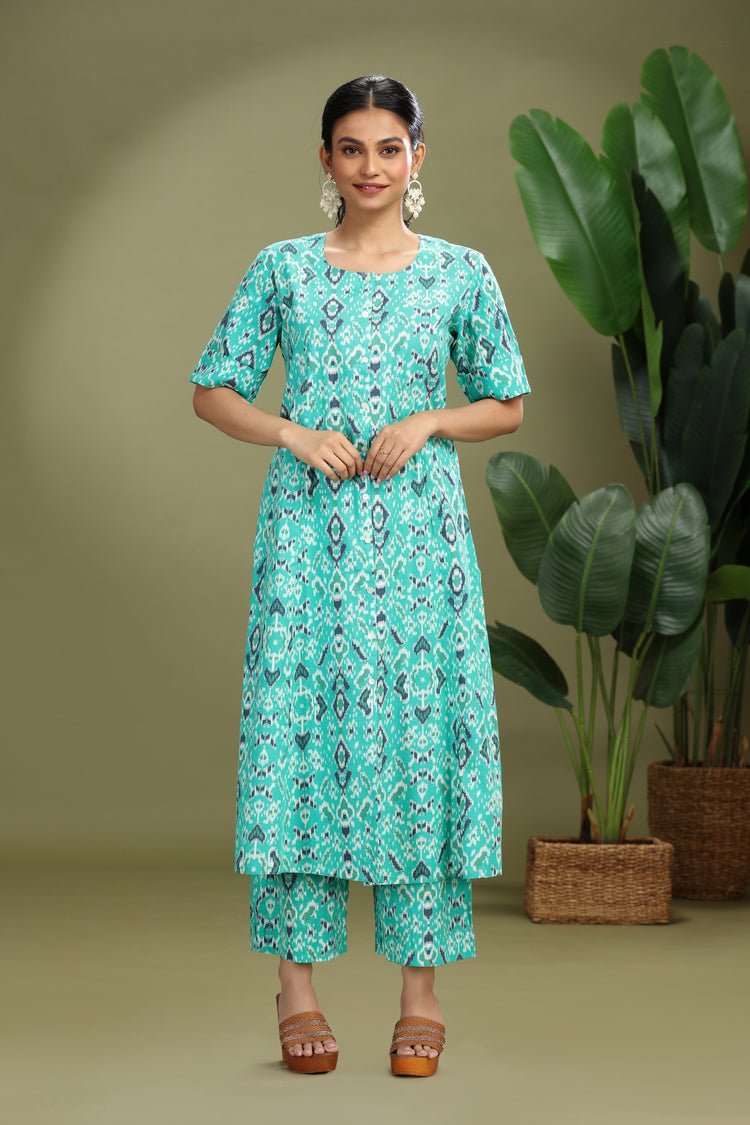 Teal Cotton Flex Printed Straight Kurta Pant Co ord Set