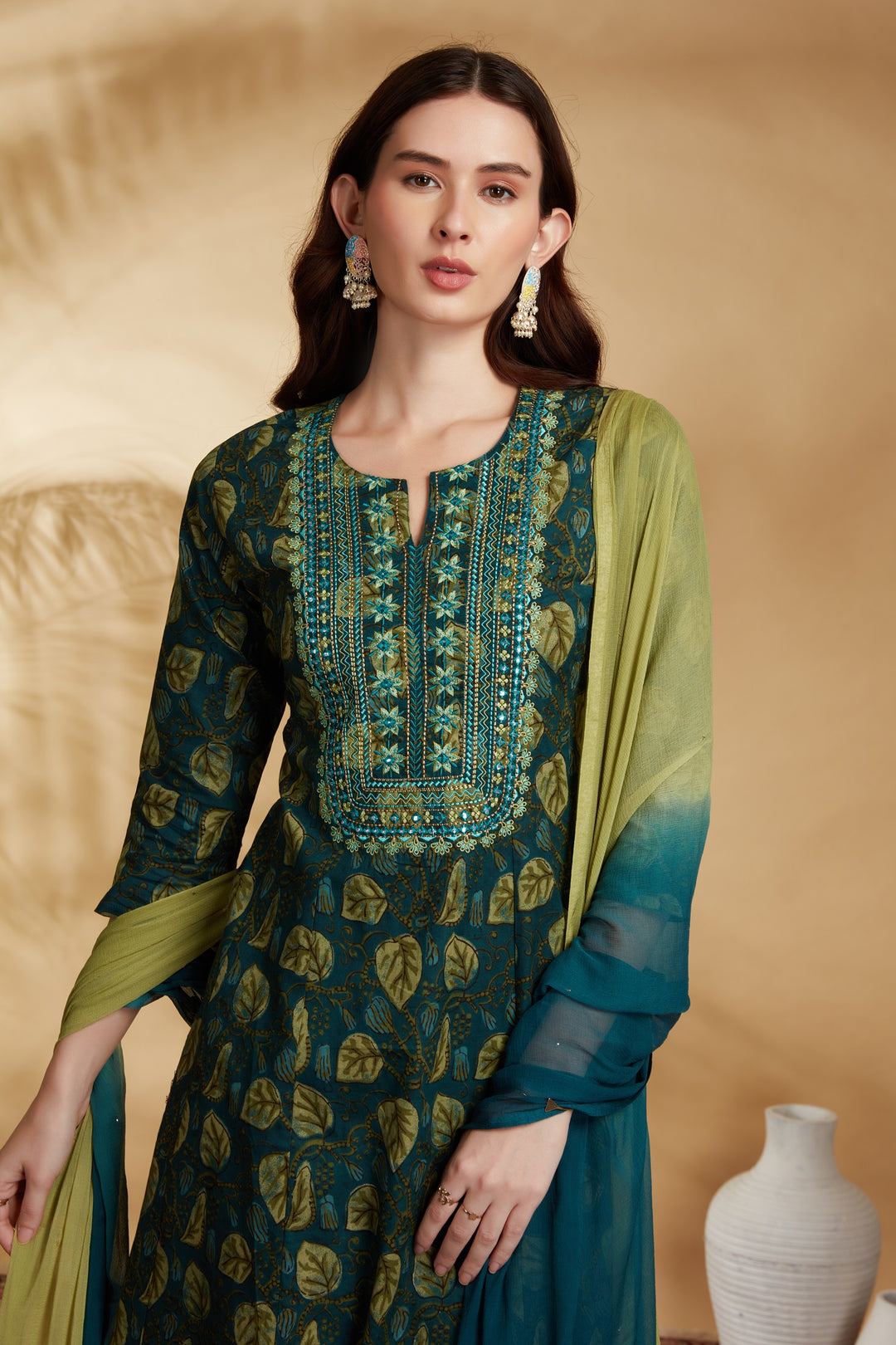 Teal Embroidered Cotton A Line Ethnic Set