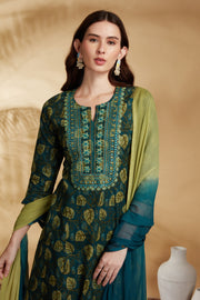Teal Embroidered Cotton A Line Ethnic Set
