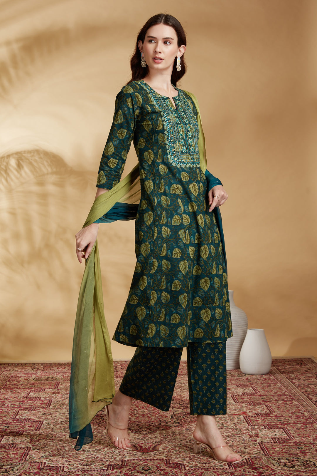 Teal Embroidered Cotton A Line Ethnic Set