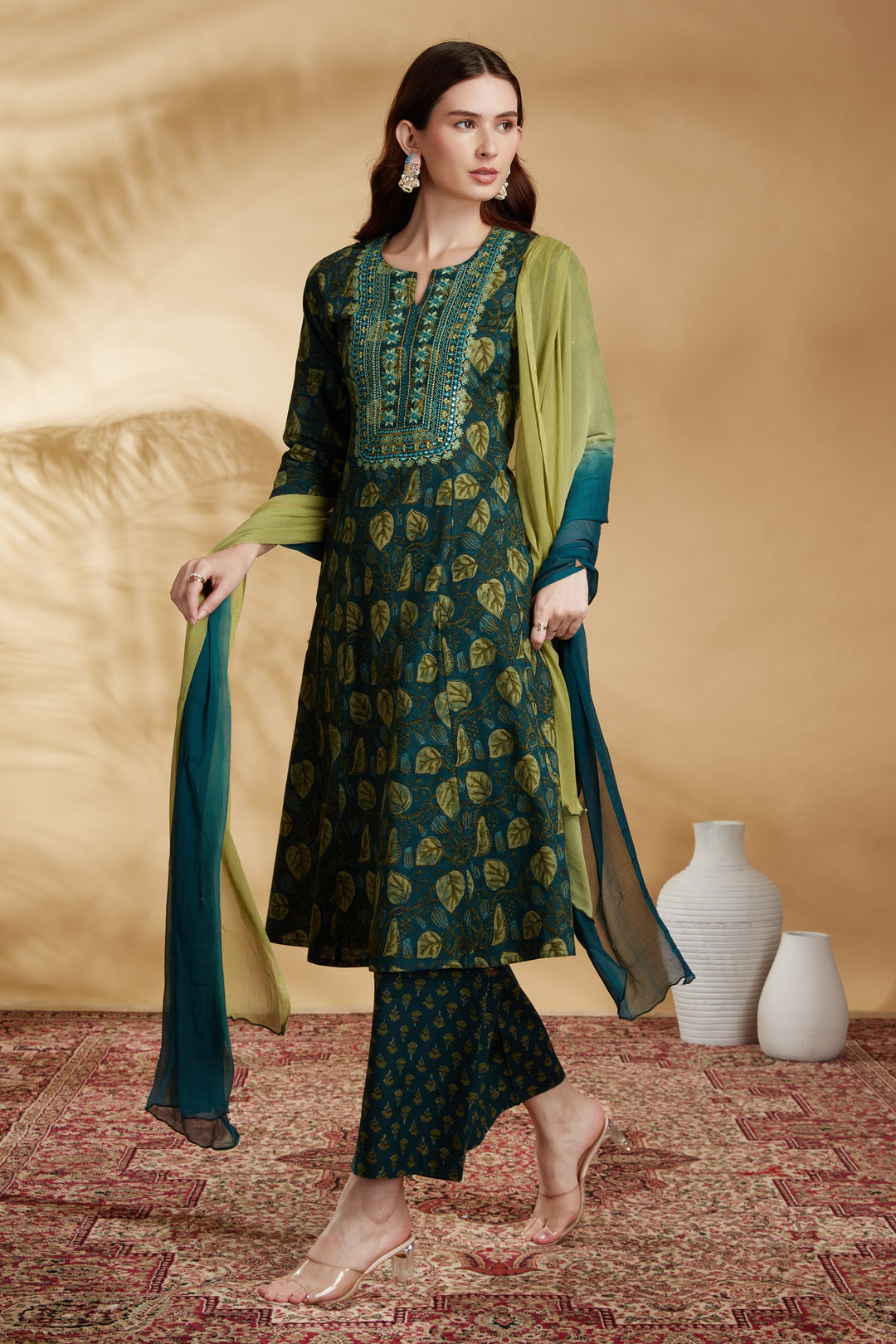 Teal Embroidered Cotton A Line Ethnic Set