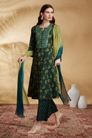 Teal Embroidered Cotton A Line Ethnic Set