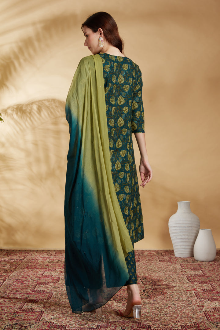 Teal Embroidered Cotton A Line Ethnic Set