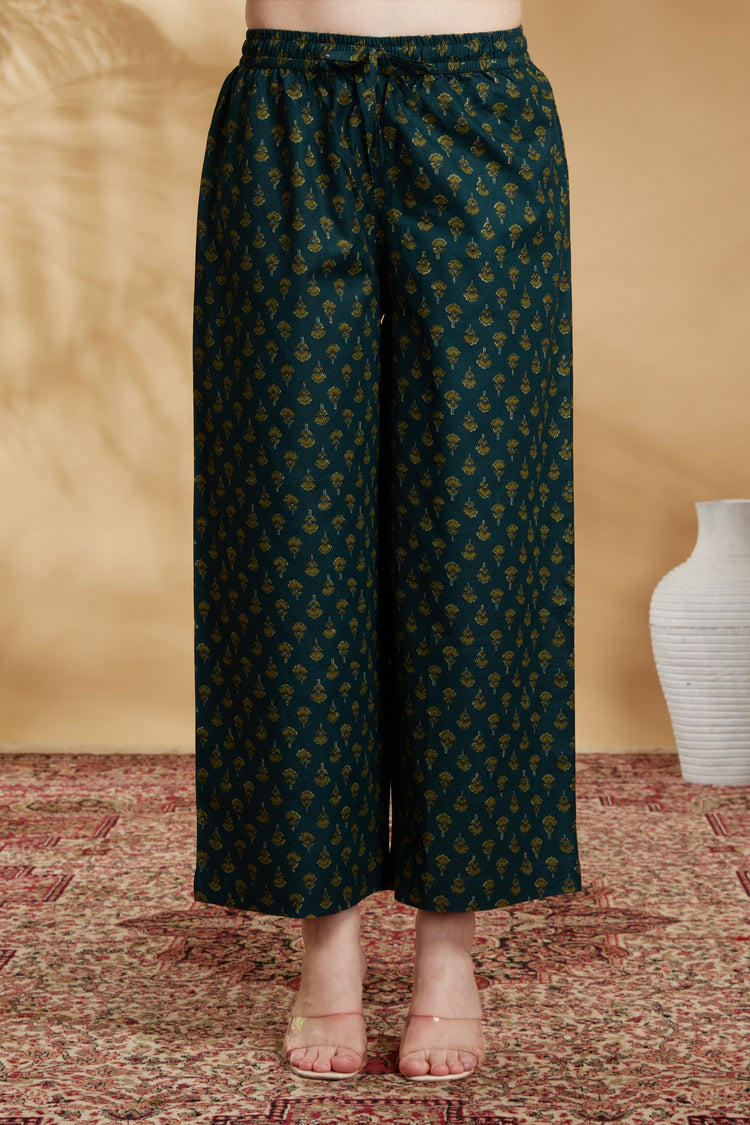 Teal Embroidered Cotton A Line Ethnic Set
