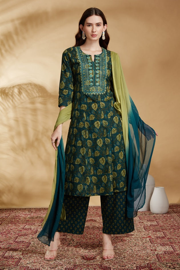 Teal Embroidered Cotton A Line Ethnic Set