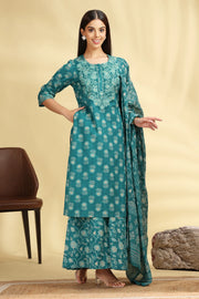 Teal Embroidered Jaipuri Cotton Straight Kurta Palazzo Dupatta Suit Set for women