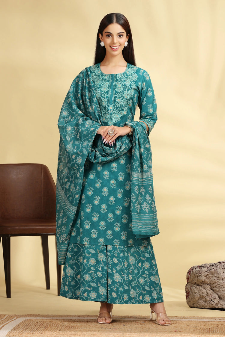 Teal Embroidered Jaipuri Cotton Straight Kurta Palazzo Dupatta Suit Set for women