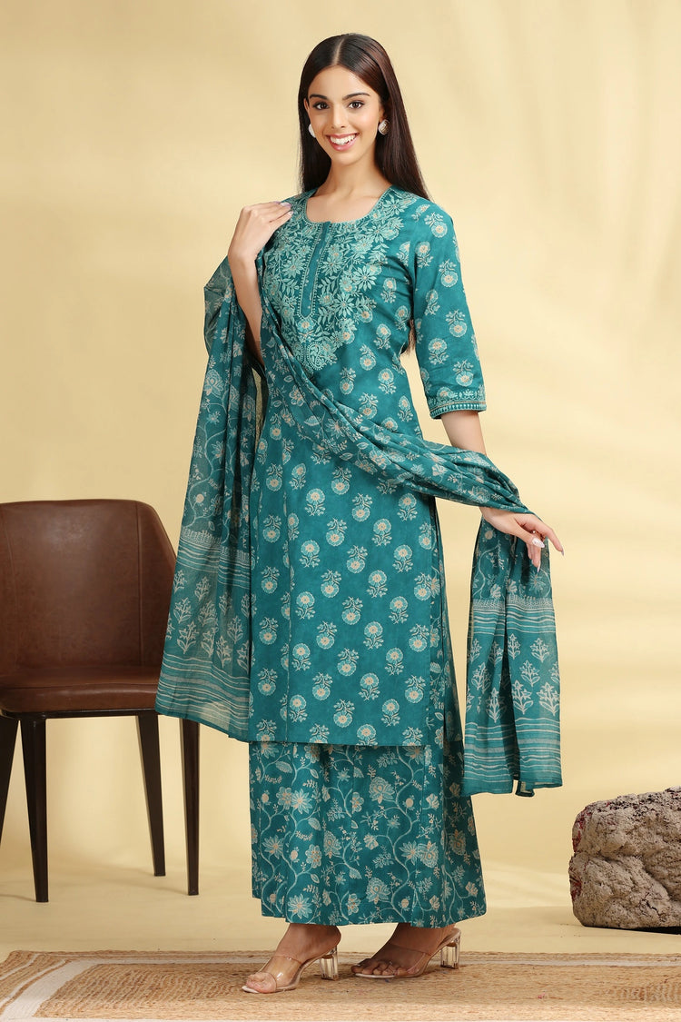 Teal Embroidered Jaipuri Cotton Straight Kurta Palazzo Dupatta Suit Set for women 
