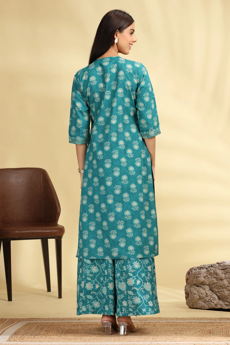 Teal Embroidered Jaipuri Cotton Straight Kurta Palazzo Dupatta Suit Set for women 